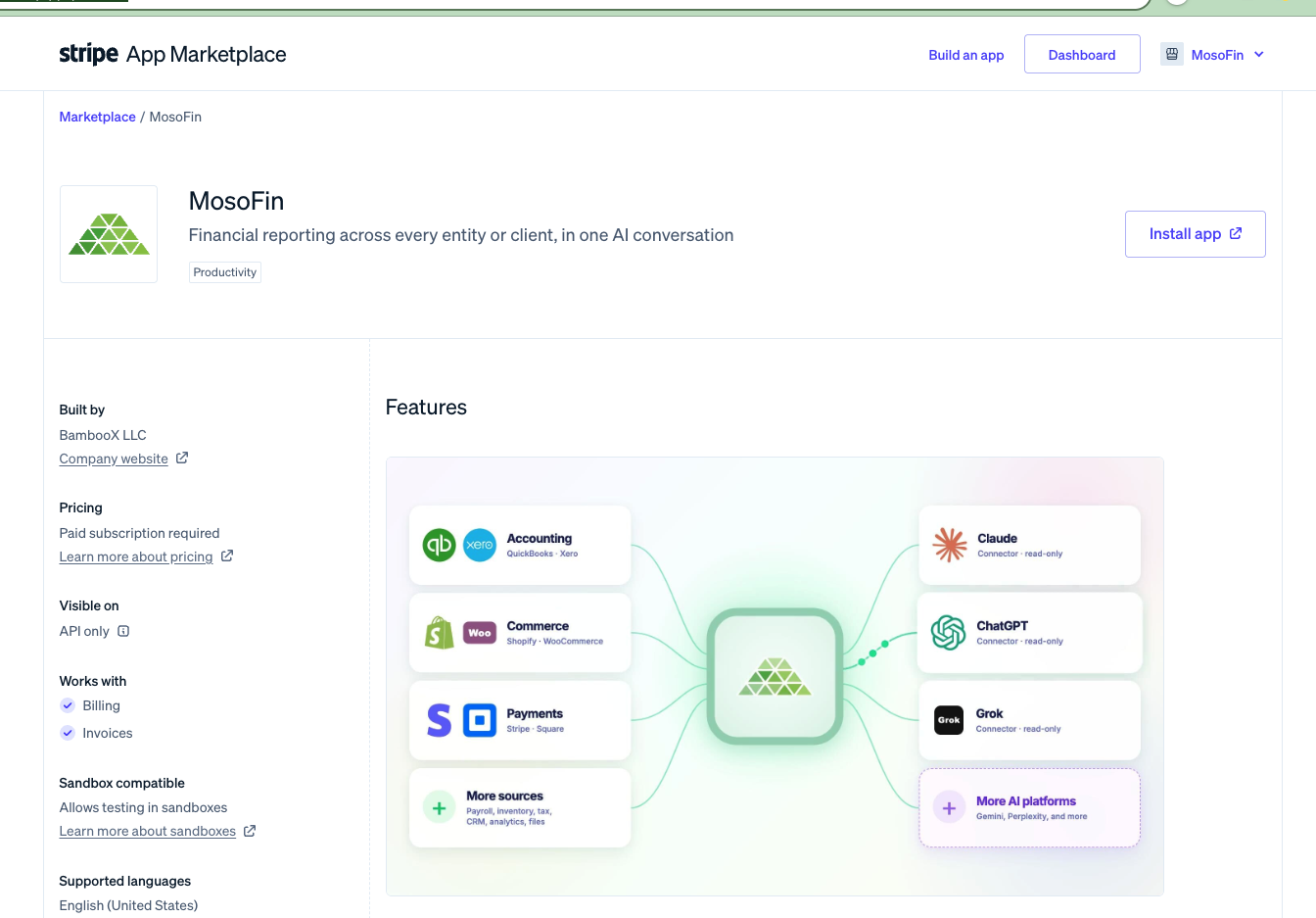 Signed-in Stripe App Marketplace page showing the MosoFin listing, its Install app button, and a feature illustration.