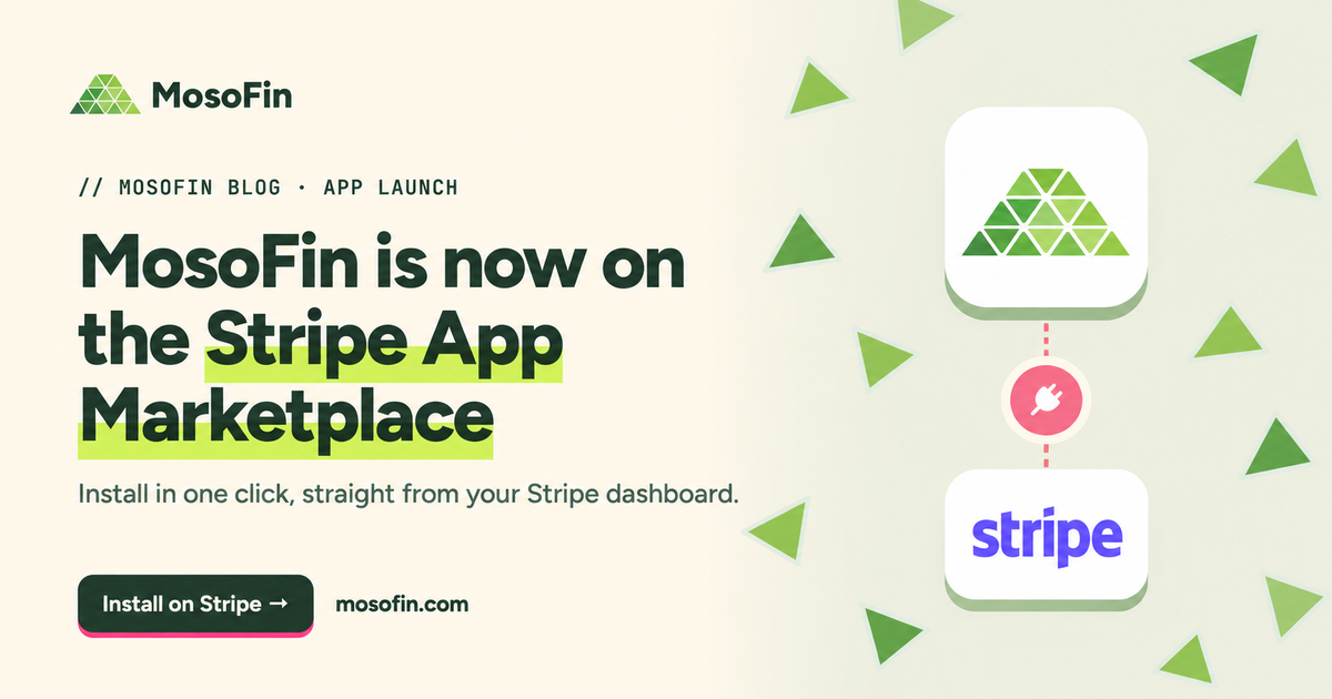 MosoFin and Stripe logos linked by a connector against a warm background with spaced green triangles