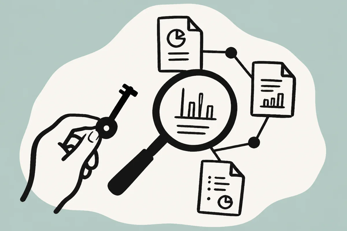 A hand approving connected financial records under a magnifying lens