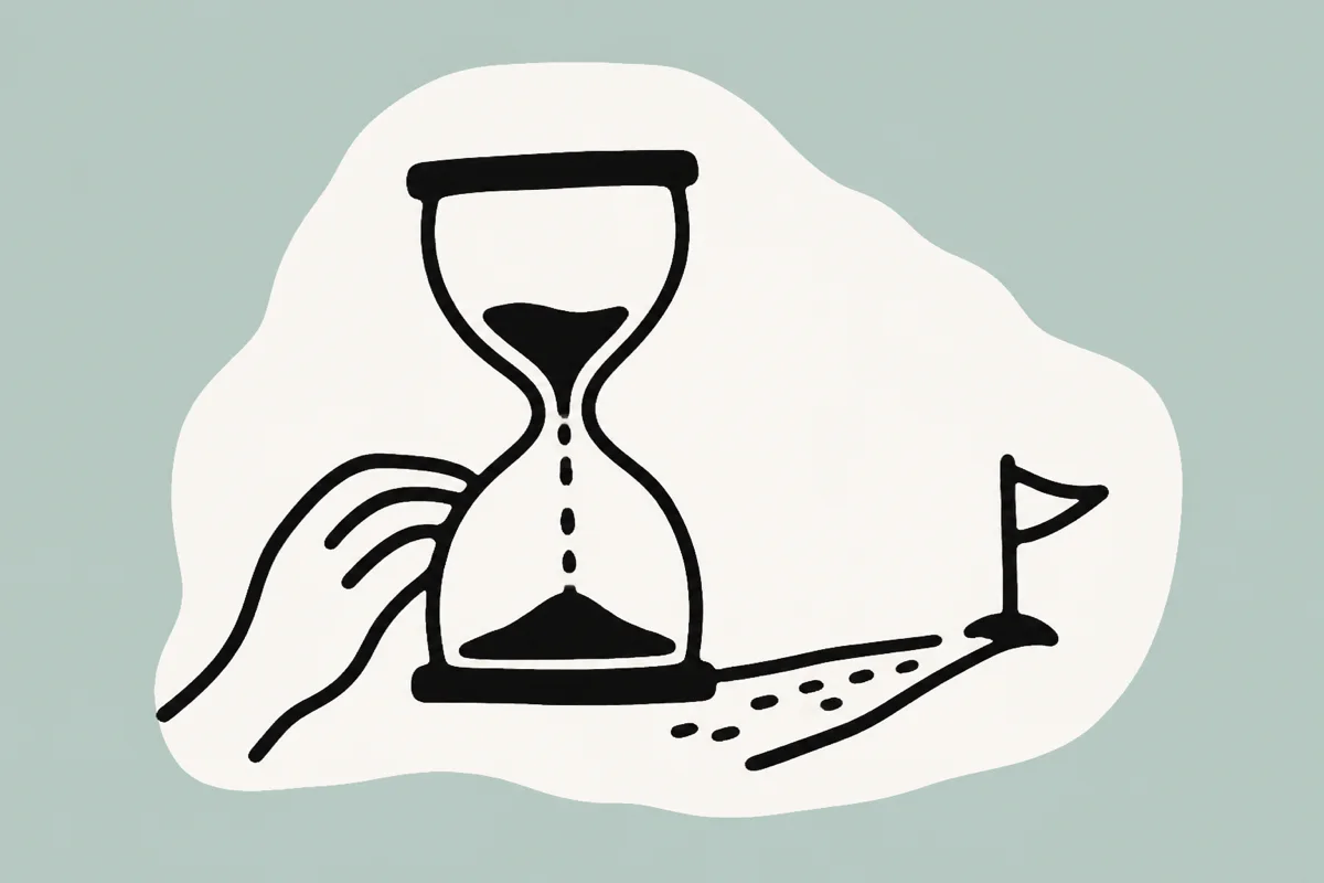 A hand steadying an hourglass that becomes a runway to a milestone