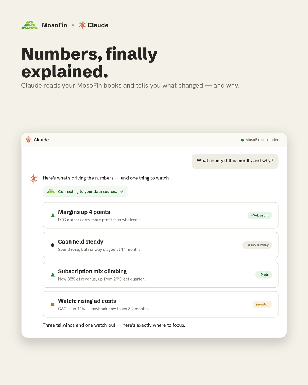 MosoFin × Claude — numbers, finally explained