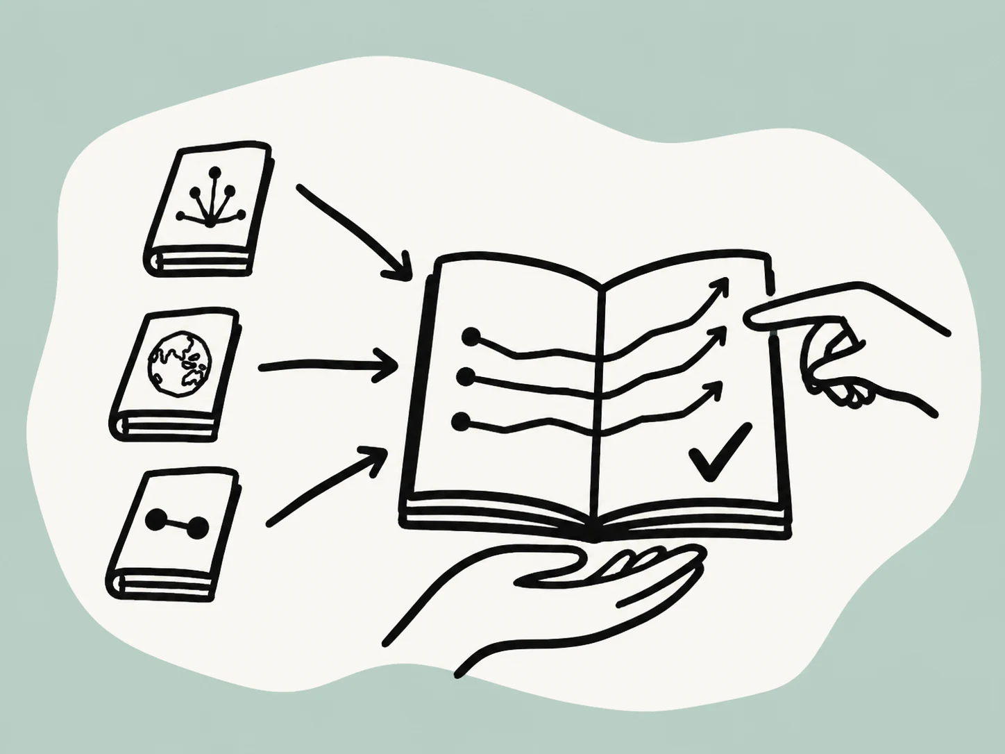 Hand-drawn illustration of three company ledgers flowing into a forecast book that is supported and checked by human hands